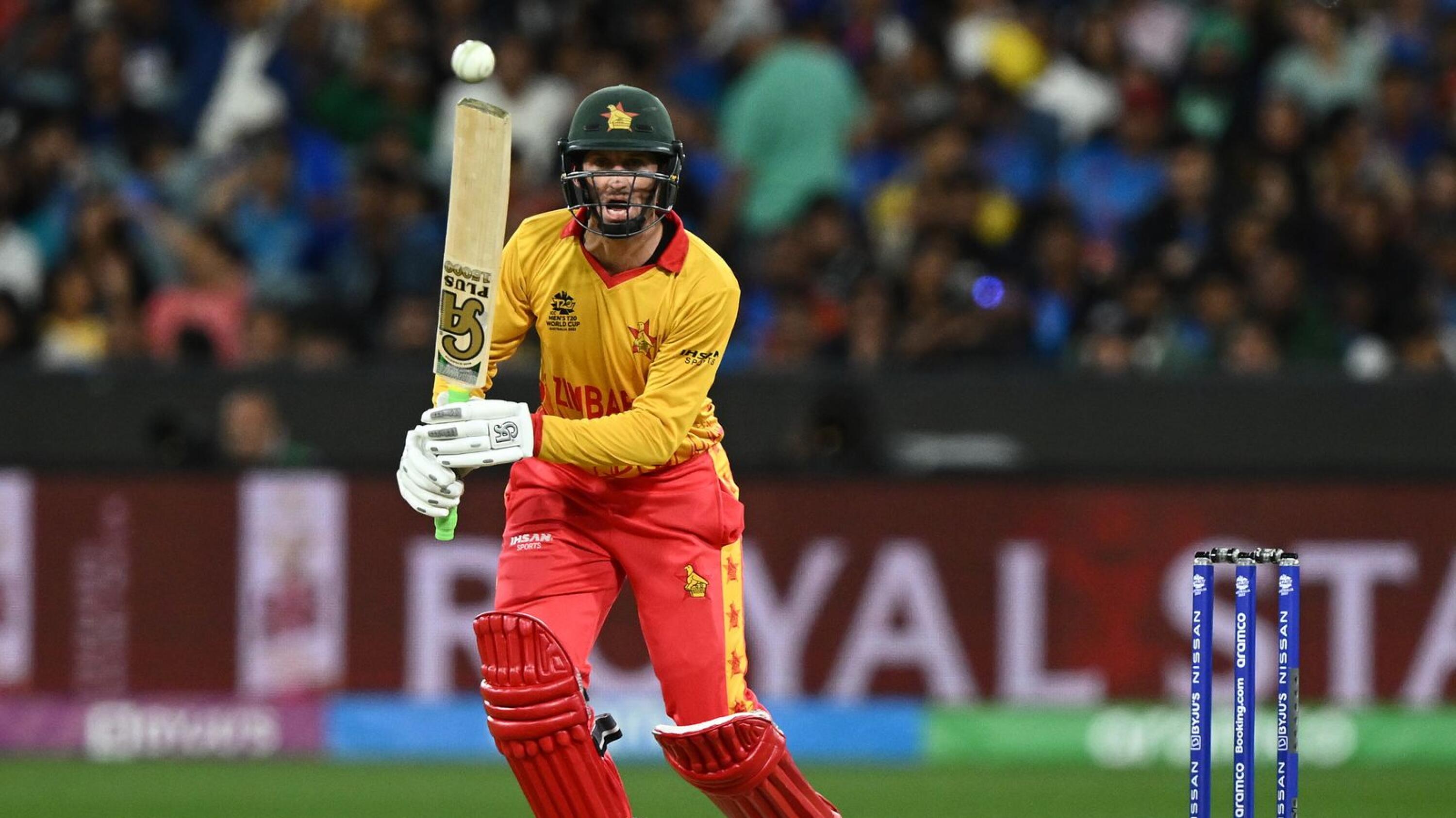 Sean Williams of Zimbabwe bats during the ICC Men’s T20 World Cup 2022 Super 12 cricket match between India and Zimbabwe at the Melbourne Cricket Ground in Melbourne, Australia,