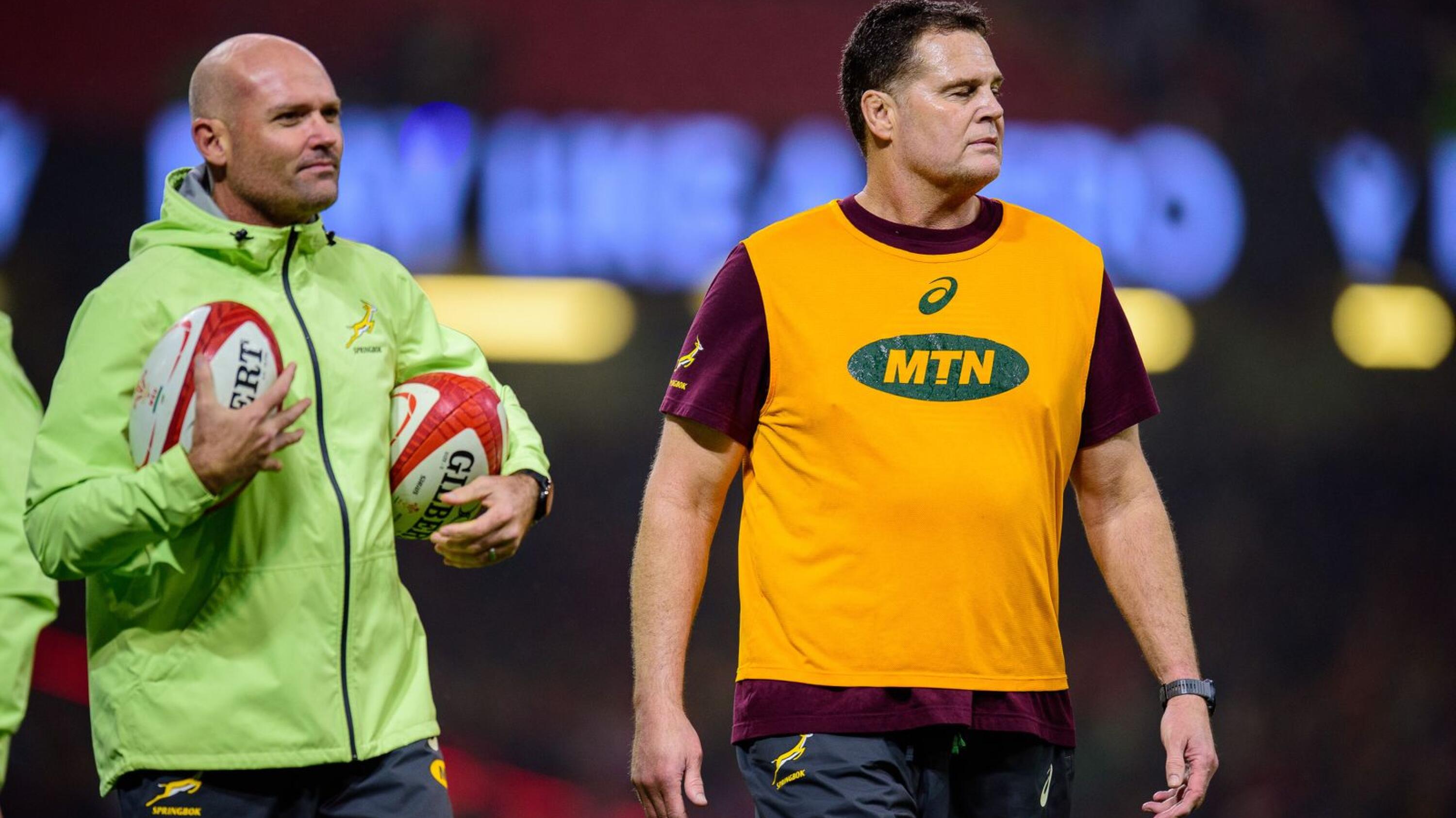 Springboks’ head coach Jacques Nienaber and South Africa director of rugby Rassie Erasmus during the team’s warm-up ahead of a Test match.