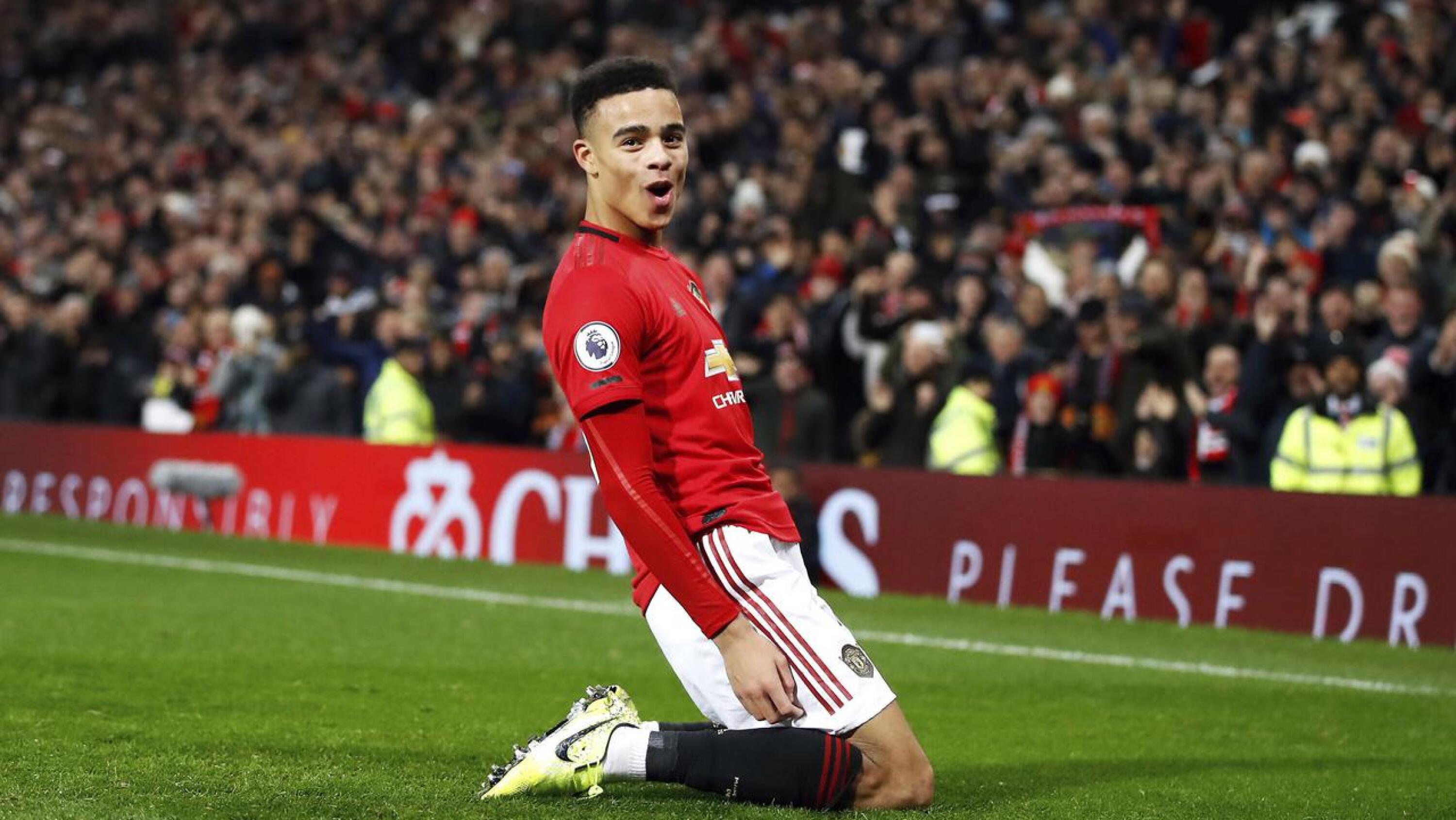 Manchester United's Mason Greenwood celebrates after scoring against Newcastle United at Old Trafford in December