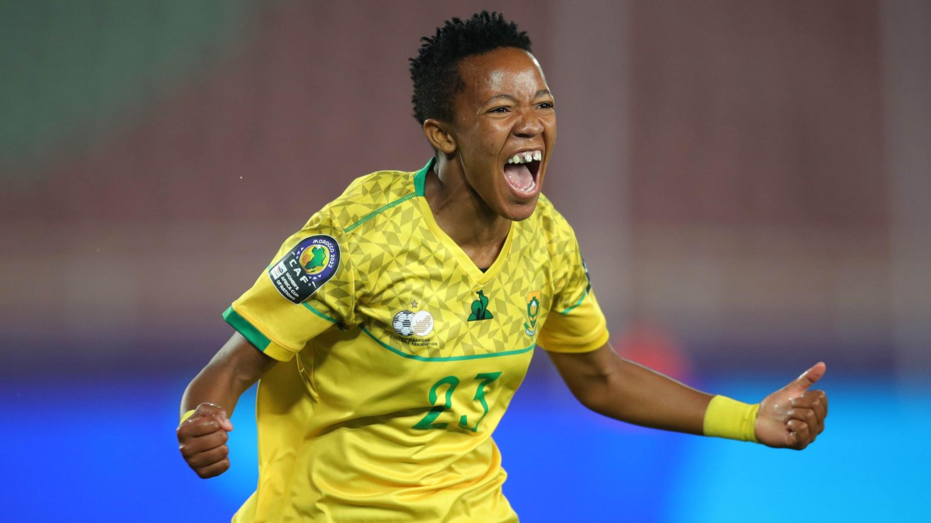 Nthabiseng Ronisha Majiya of South Africa celebrates her goal during the 2022 Women’s Africa Cup of Nations match against Botswana at Prince Moulay Abdellah Stadium, Rabat