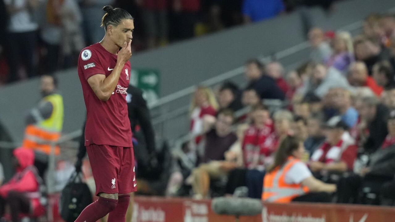 Liverpool's Darwin Nunez walks off after being shown a red card during their English Premier League match against Crystal Palace at Anfield on Monday