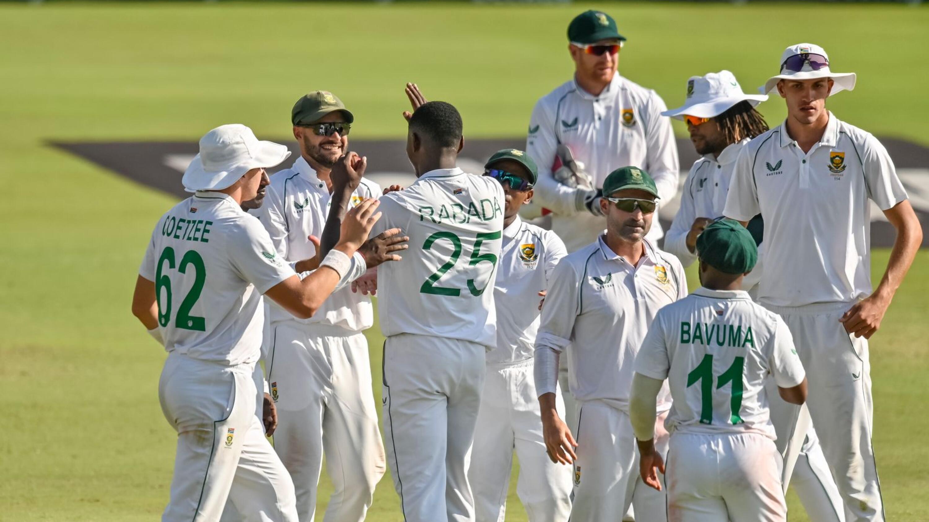 South Africa’s Kagiso Rabada is congratulated by teammates after picking up his sixth wicket during day three of the first Test against the West Indies at SuperSport Park in Centurion on Thursday