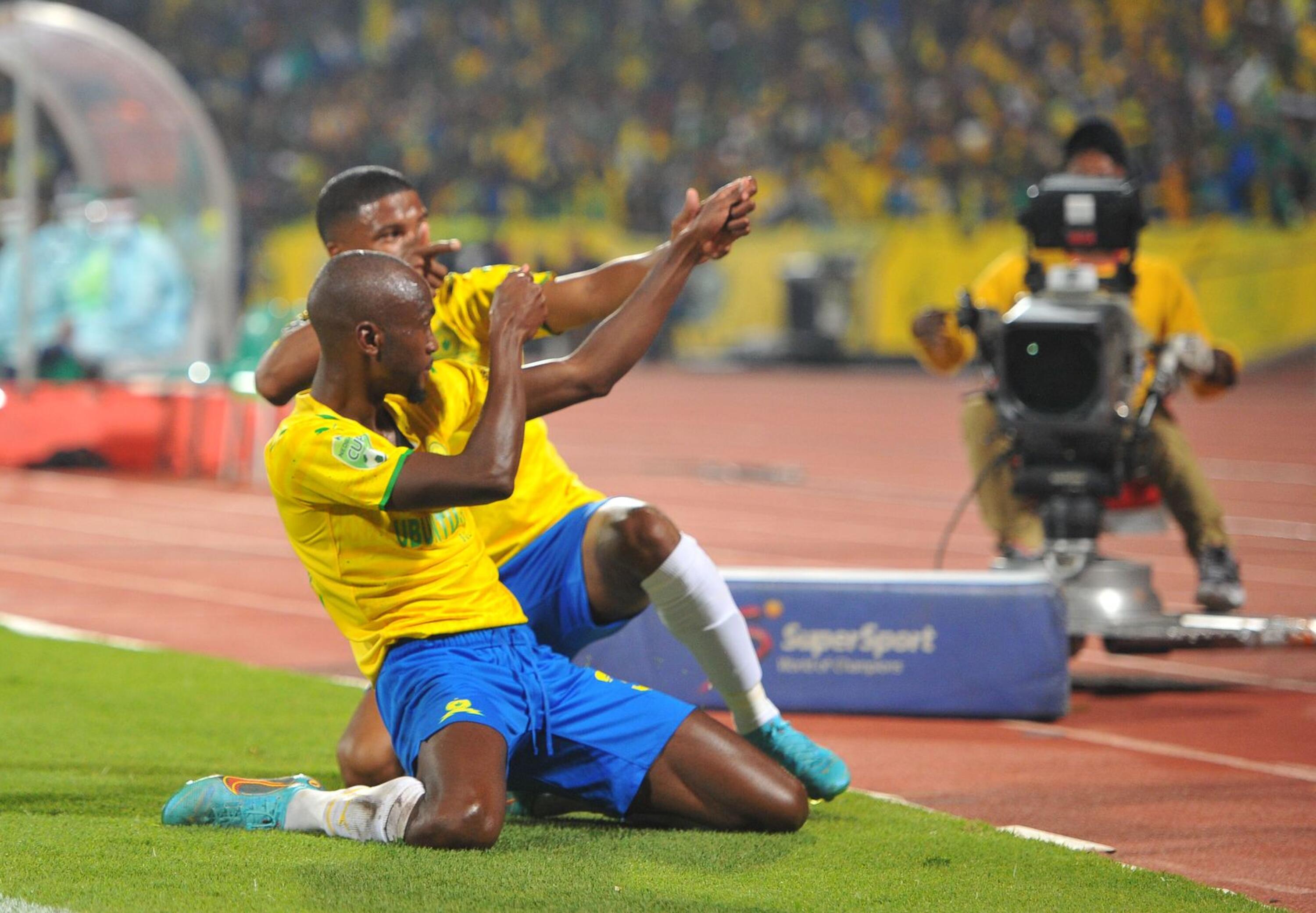 Peter Shalulile of Mamelodi Sundowns celebrates after scoring the opening goal during their Nedbank Cup Final against Marumo Gallants at Royal Bafokeng Stadium on Saturday