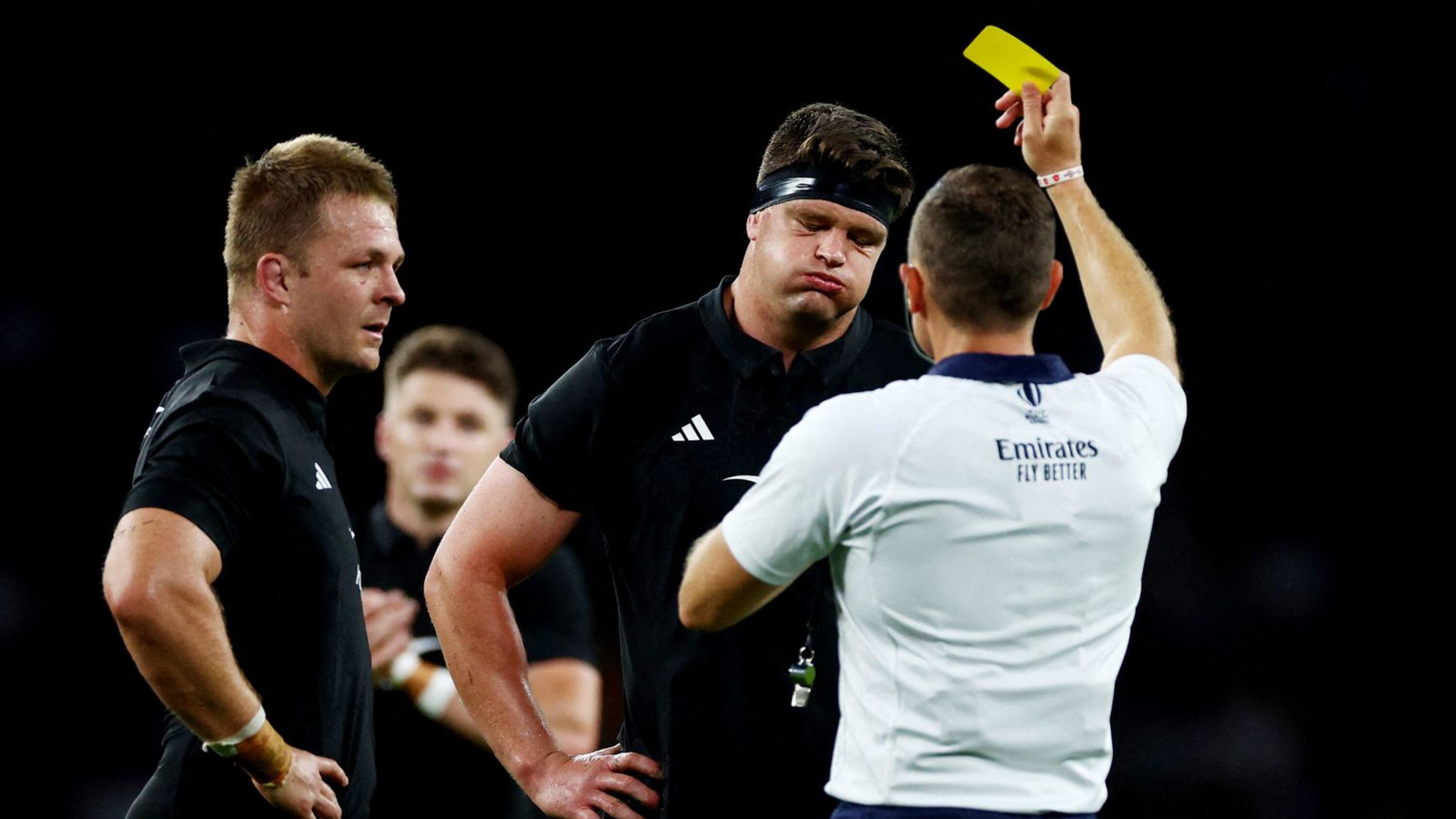 New Zealand's Scott Barrett reacts after being shown a second yellow card by referee Matthew Carley during last week’s Rugby World Cup warm-up Test against the Springboks at Twickenham in London