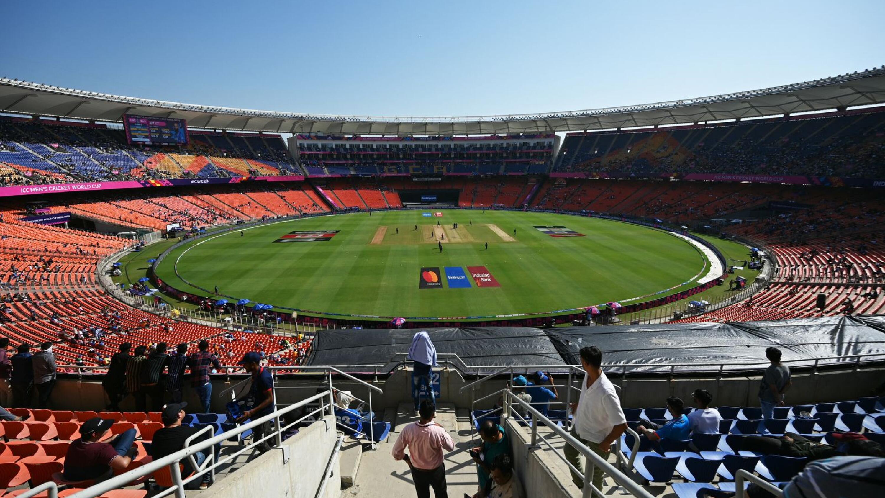 This picture shows a general view of the Narendra Modi Stadium during the 2023 ICC men's cricket World Cup one-day international (ODI) match between England and New Zealand in Ahmedabad