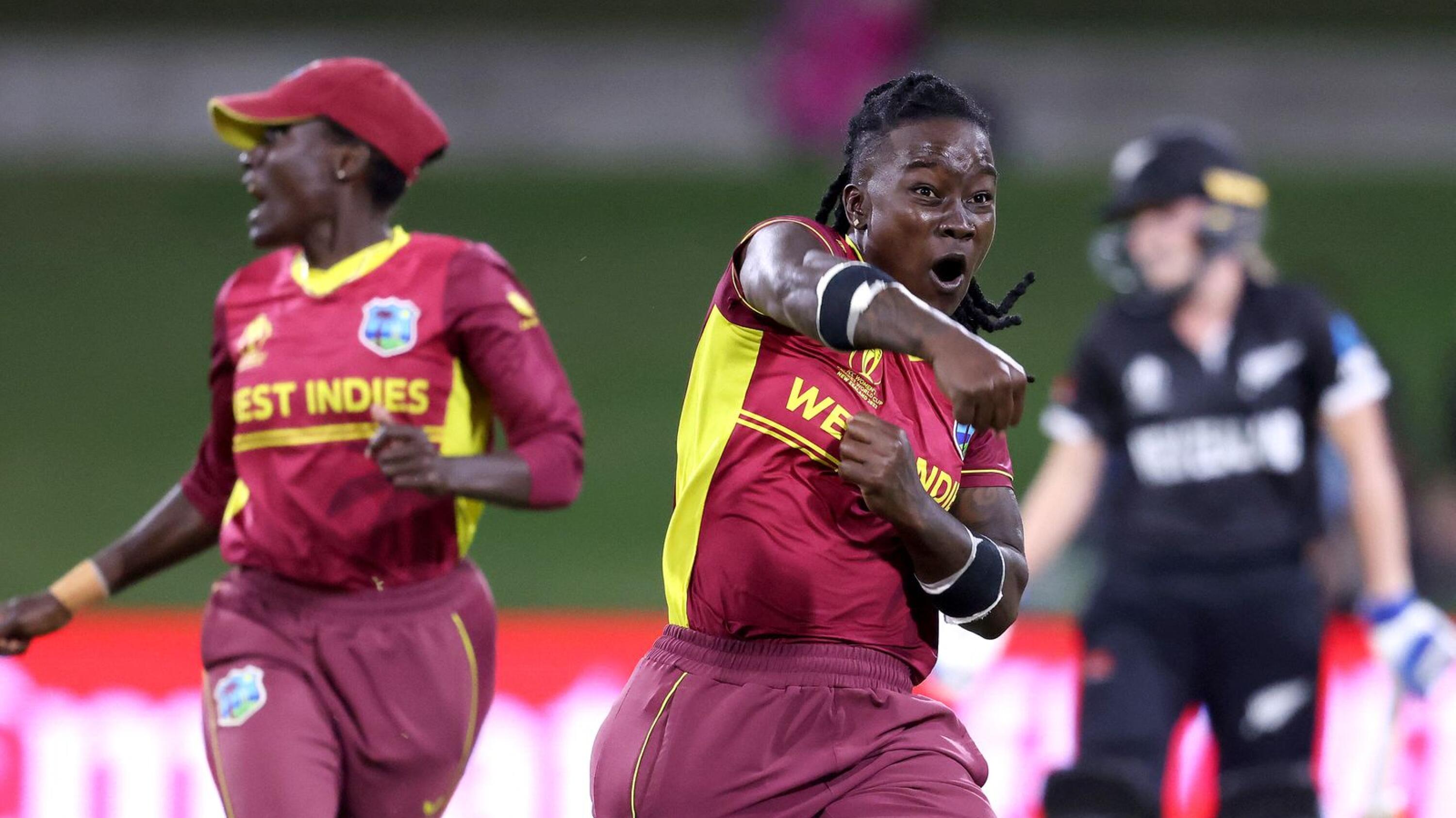 West Indies Deandra Dottin celebrates the dismissal of New Zealand's Fran Jonas to win the match during Round 1 of the Women's Cricket World Cup at Bay Oval in Mount Maunganui on Friday