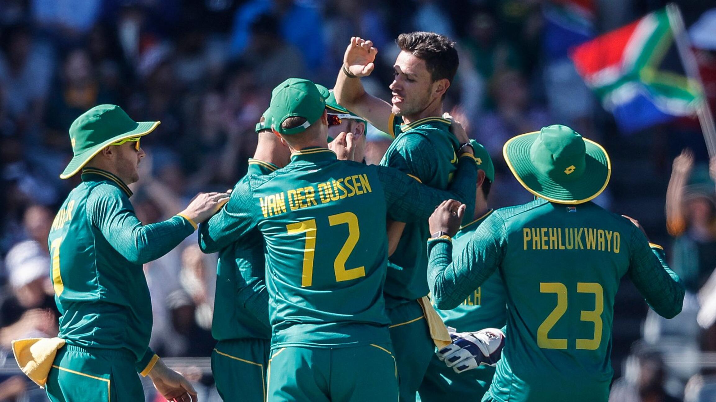 South Africa's Marco Jansen celebrates with teammates after picking up the wicket of Australia's Josh Inglis