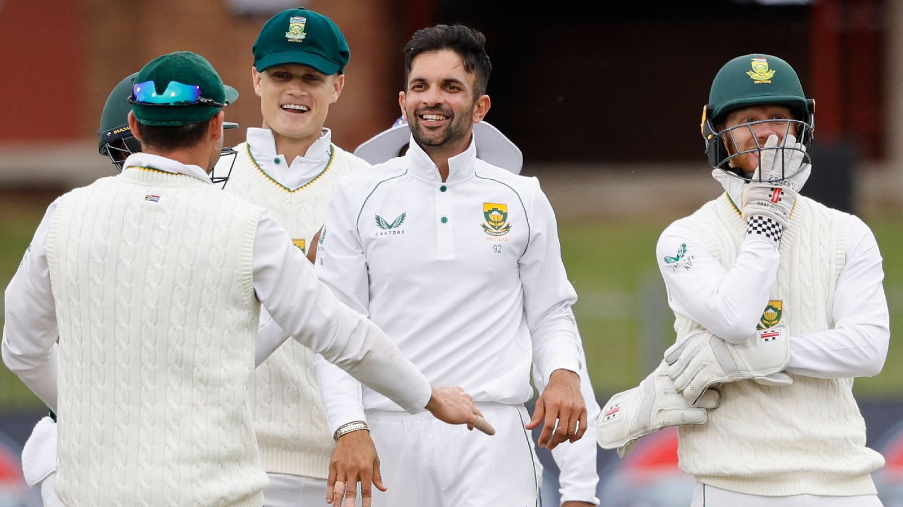 South Africa's Keshav Maharaj celebrates with teammates after the dismissal of Bangladesh's Yasir Ali (not seen) during the third day of the second Test cricket match at St George's Park in Gqeberha on Sunday