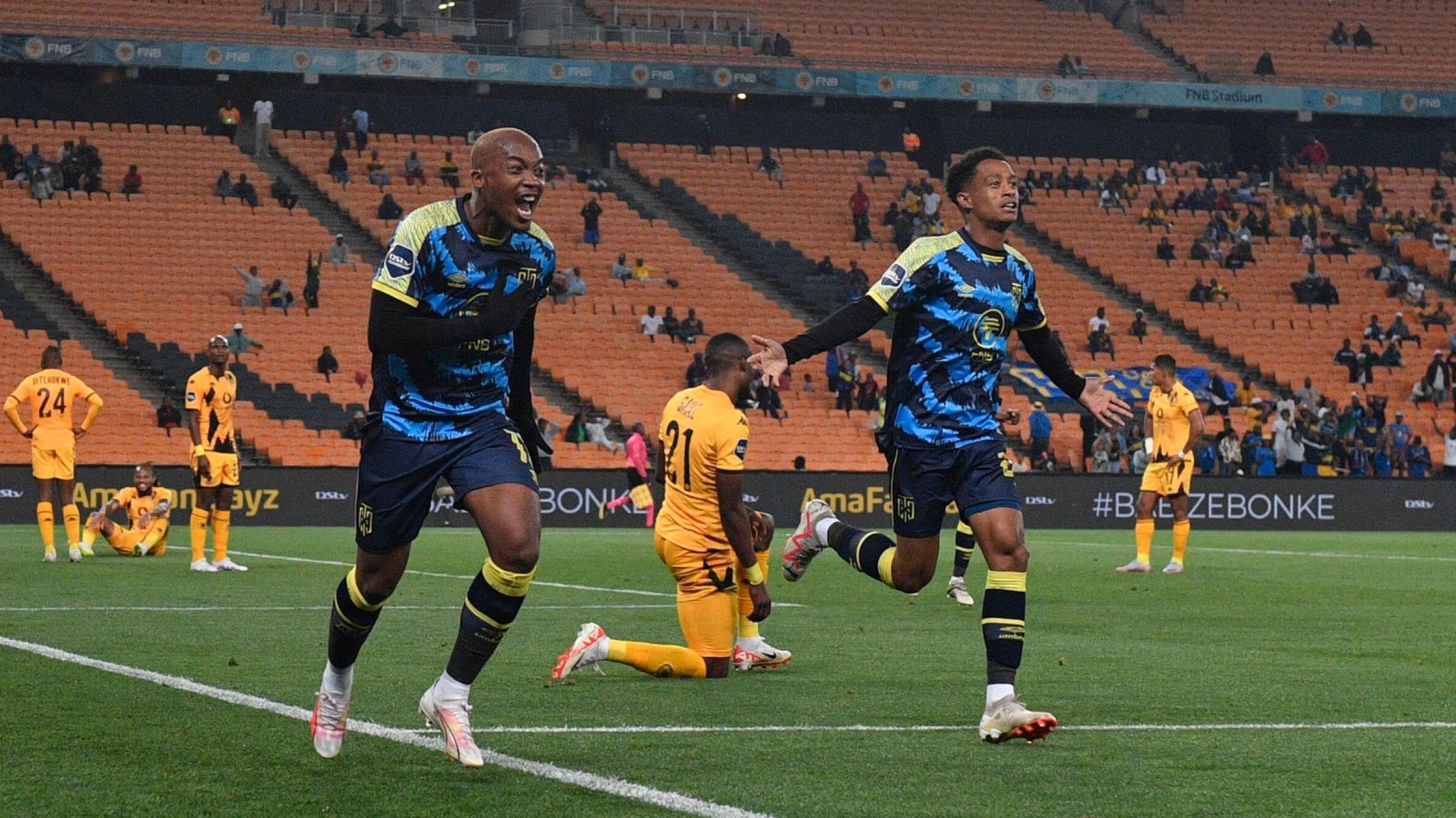 Cape Town City’s Khanyisa Mayo celebrates after scoring a goal during their DStv Premiership match against Kaizer Chiefs at FNB Stadium