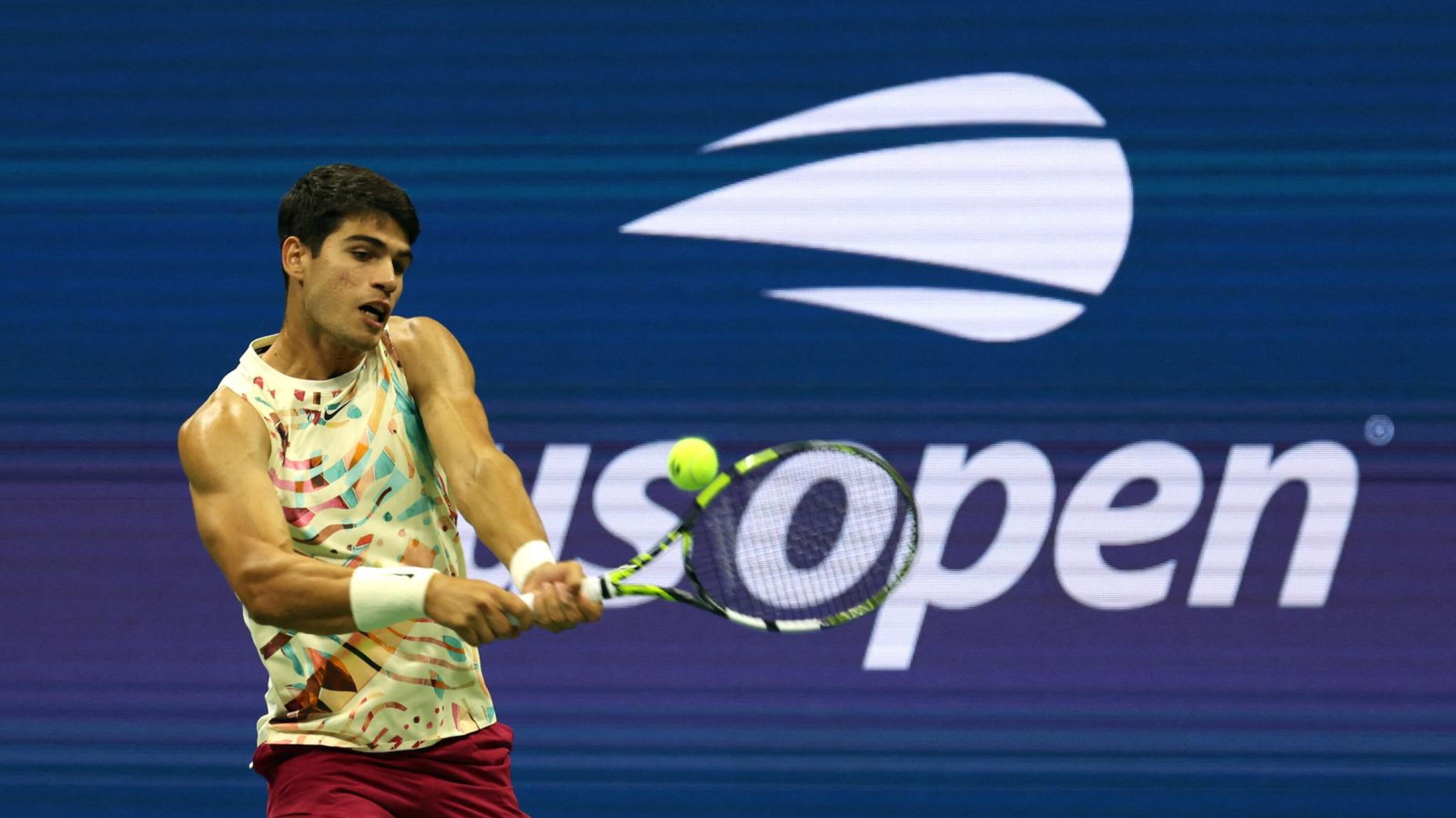 Spain's Carlos Alcaraz in action during his first round of the US Open