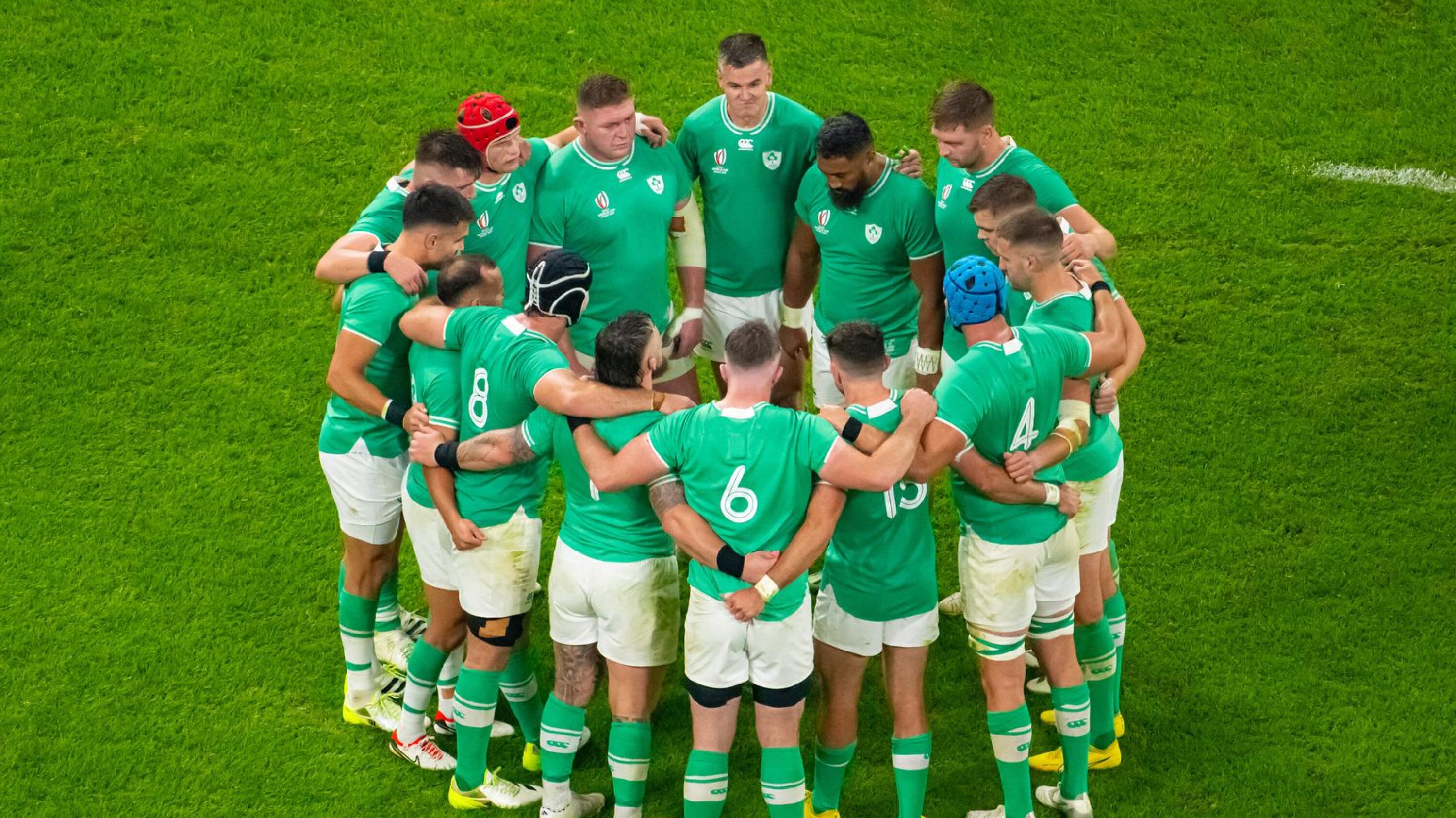 Ireland's flyhalf Jonathan Sexton (C) leads his players as they form a huddle during the France 2023 Rugby World Cup Pool B match between Ireland and Scotland at the Stade de France in Saint-Denis, on the outskirts of Paris