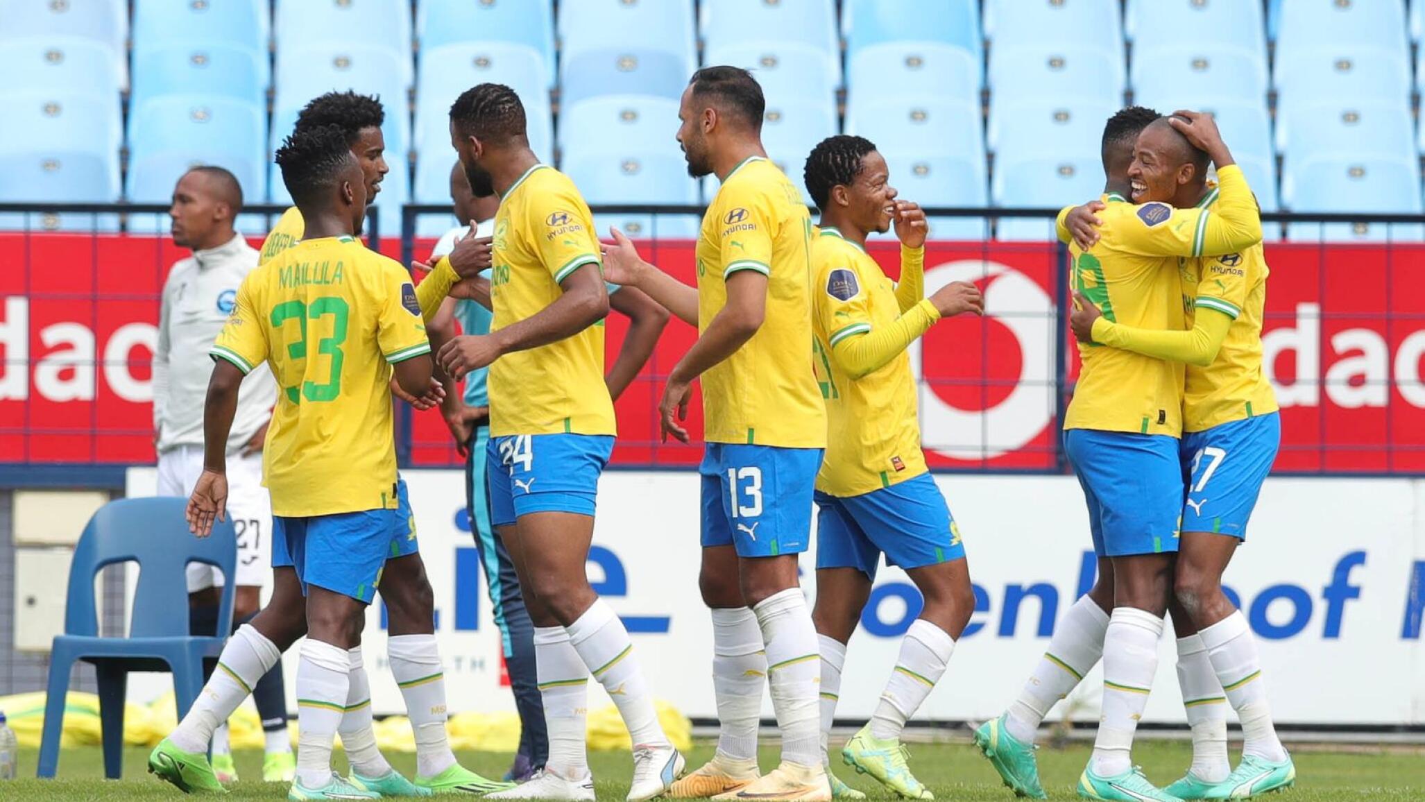 Thapelo Morena celebrates with teammates after scoring against Richards Bay at Loftus on Tuesday.