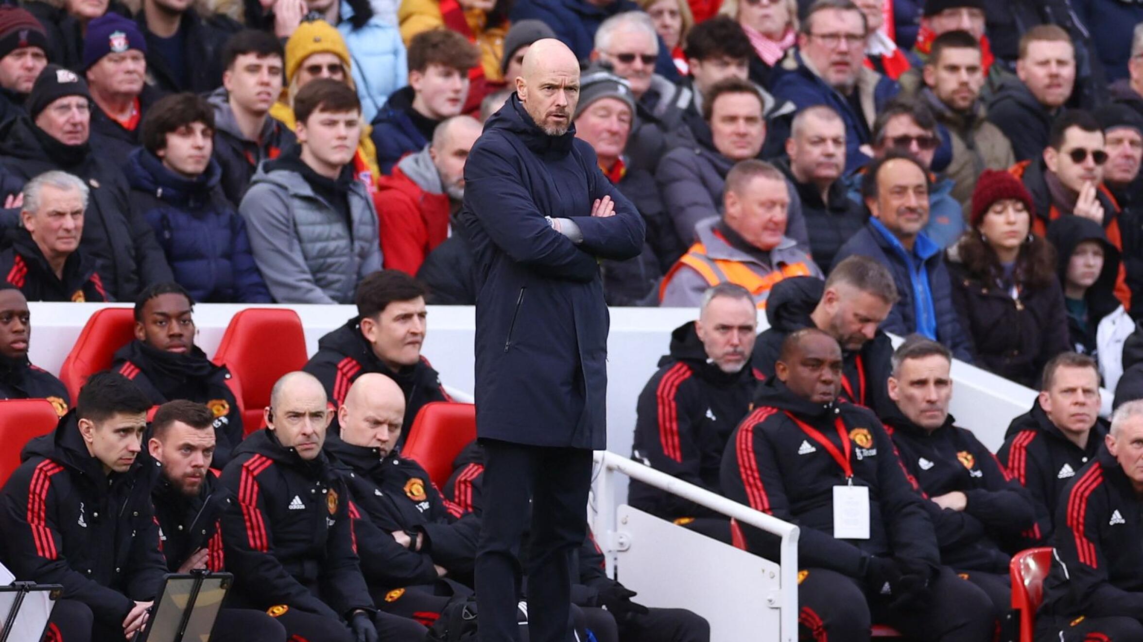 Manchester United manager Erik ten Hag looks on during their Premier League game against Liverpool at Anfield