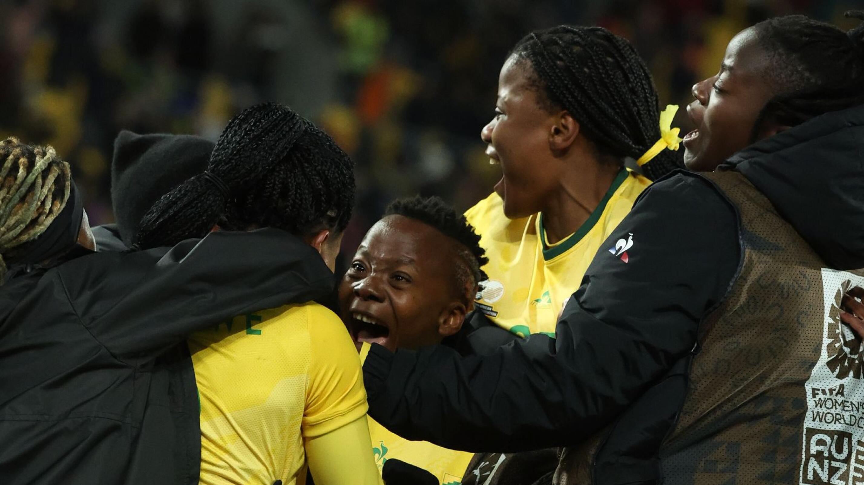 Thembi Kgatlana celebrates with teammates after scoring Banyana Banyana’s third and winning goal during their World Cup clash against Italy at Wellington Stadium on Tuesday