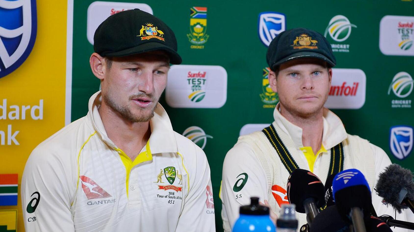 Cameron Bancroft and Steve Smith front up to the media after the Sandpapergate controversy blew up at Newlands in 2018.