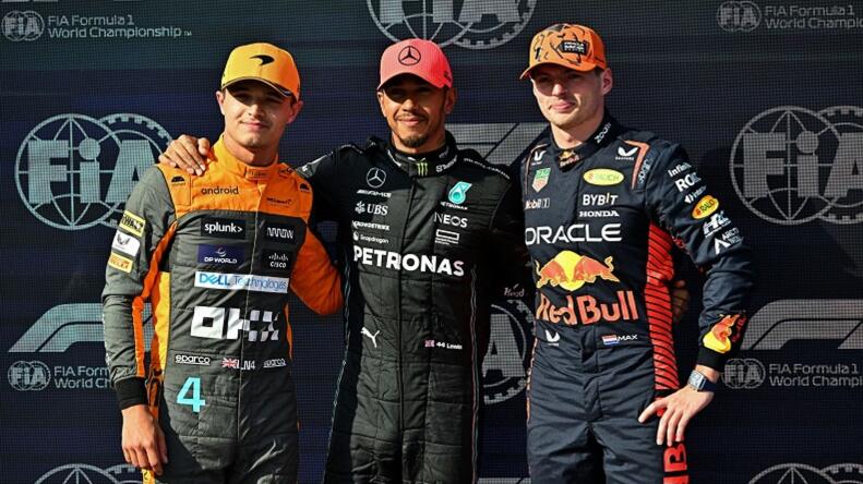 Lando Norris, Lewis Hamilton and Max Verstappen pose after qualifying