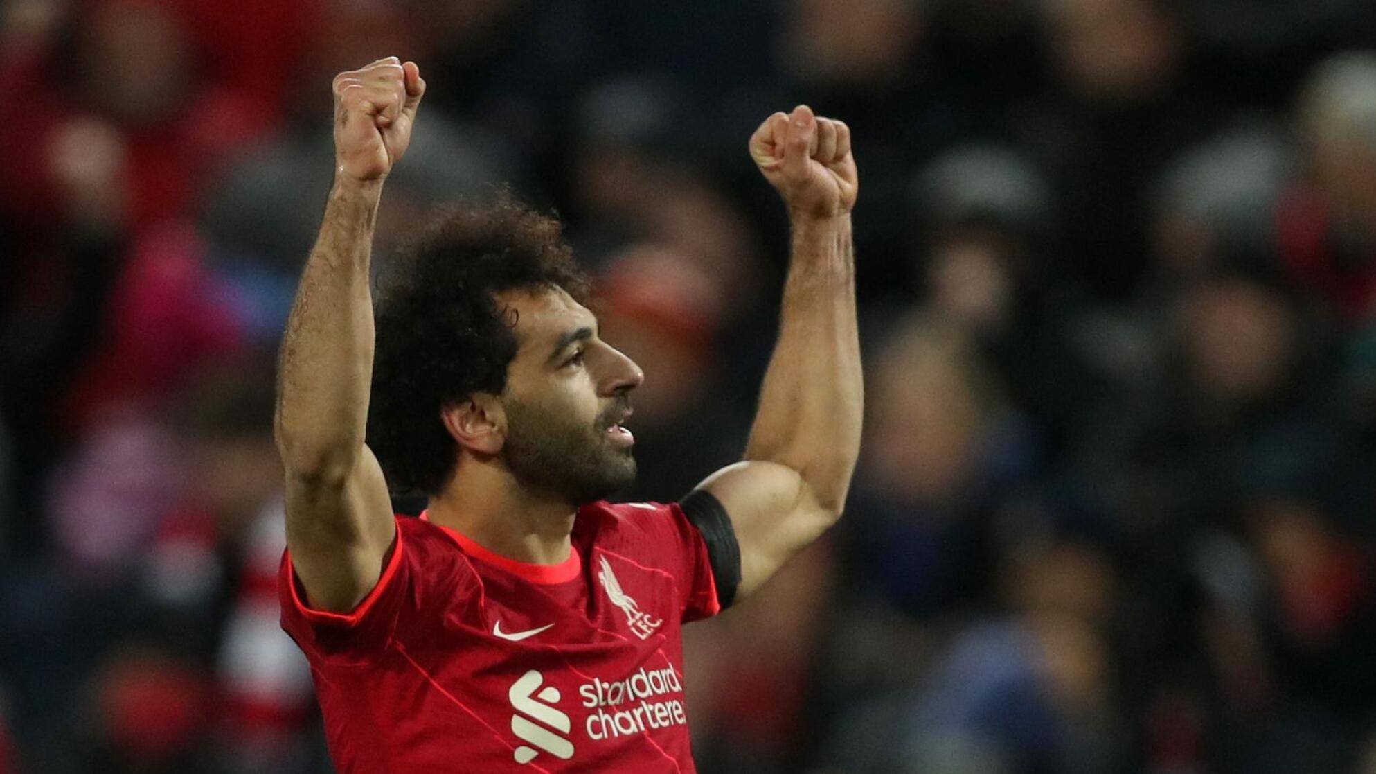 Liverpool's Mohamed Salah celebrates after scoring during their Premier League game against Aston Villa at Anfield in Liverpool on Saturday