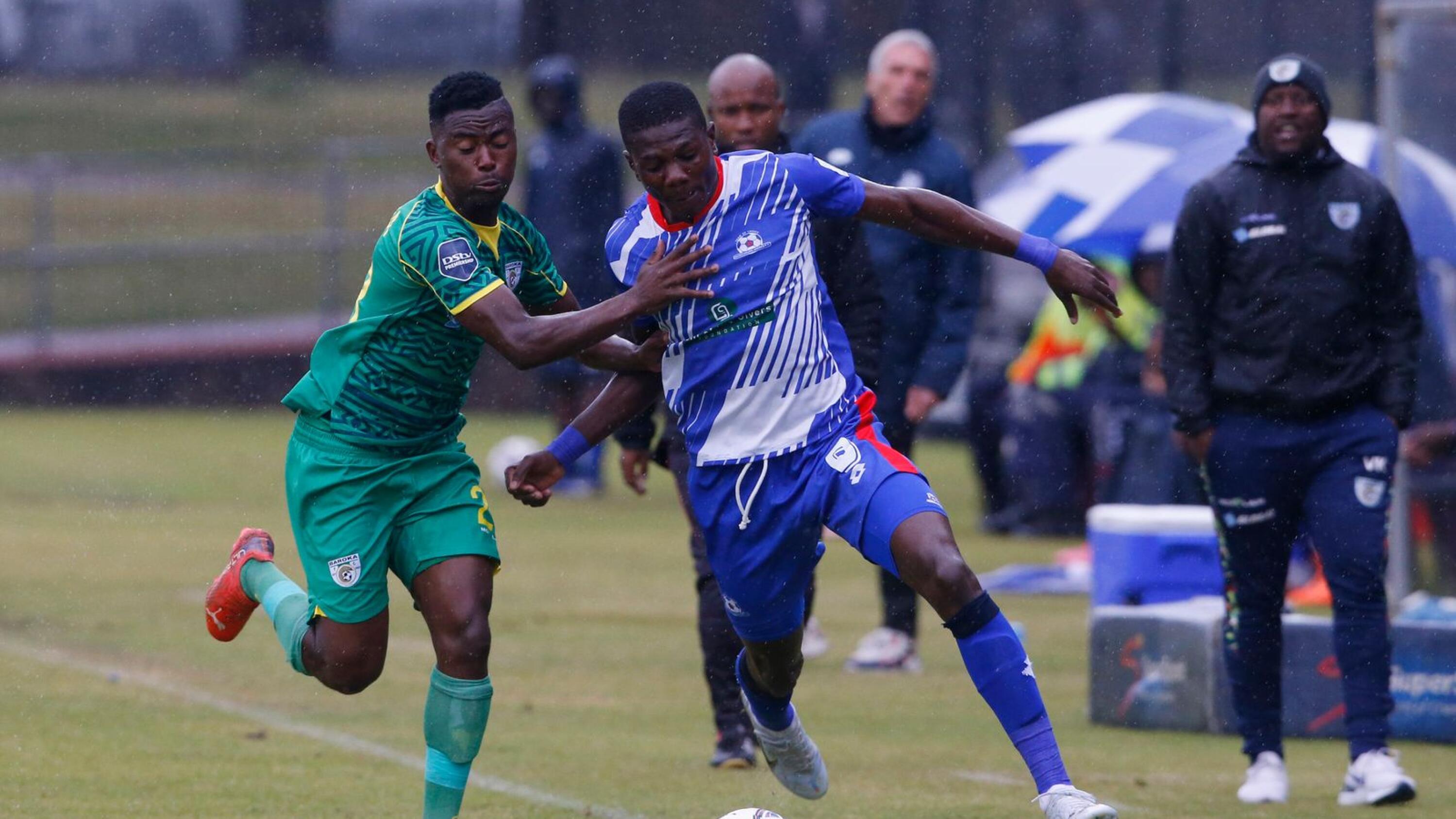 Kgodiso Monama of Baroka FC and Maritzburg United’s Tawande Macheke fight for the ball during their DStv Premiership match at Harry Gwala Stadium in Pietermaritzburg on Saturday