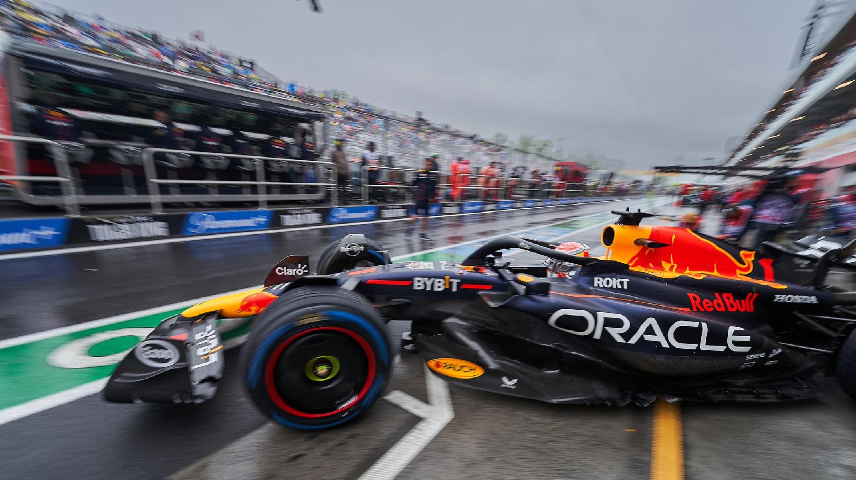 Max Verstappen of Red Bull Racing steers his car out the pits for the third practice session for the Formula 1 Grand Prix of Canada.