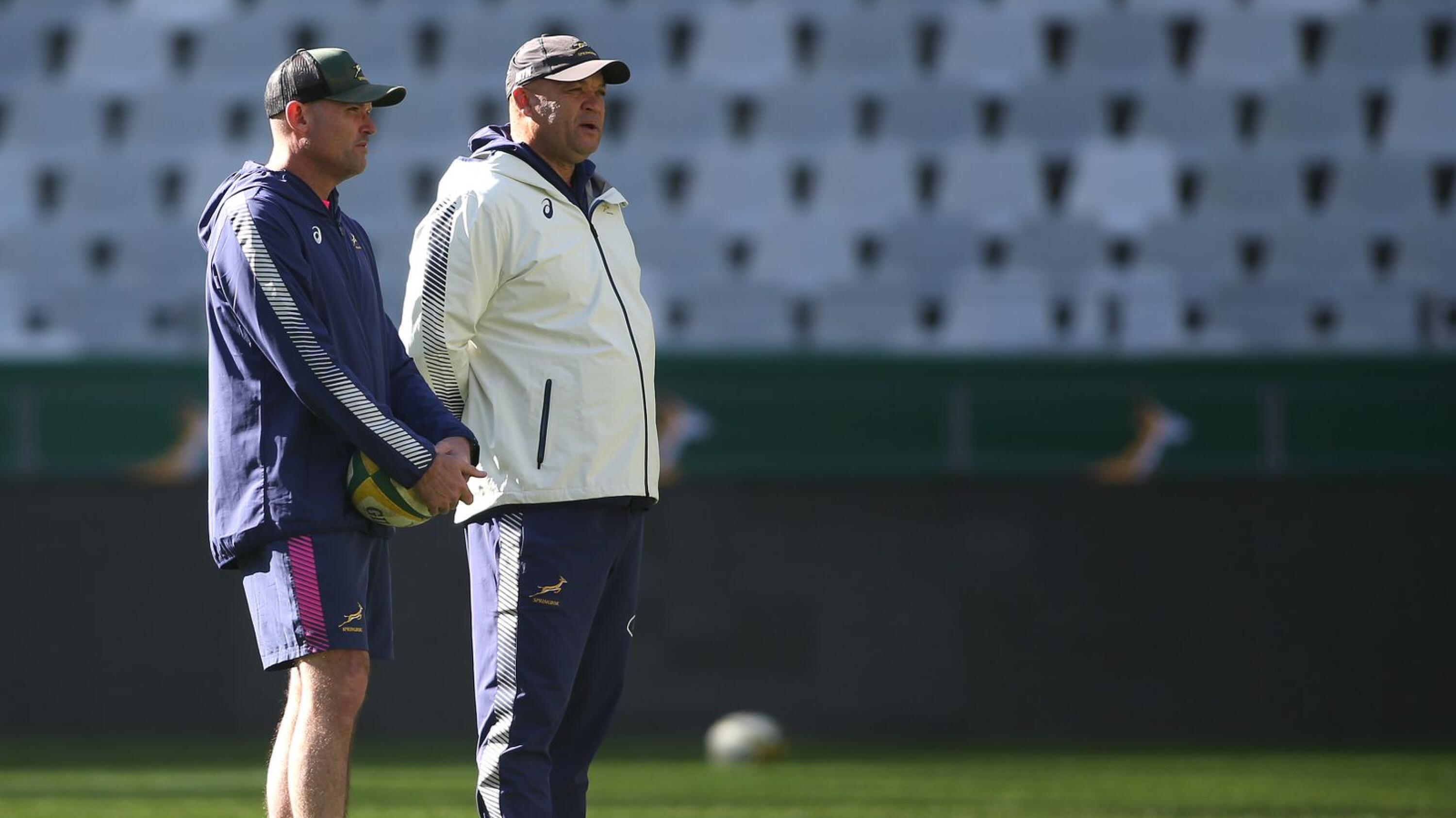 Springbok coach Jacques Nienaber with assistant coach Deon Davids during a training session in Cape Town