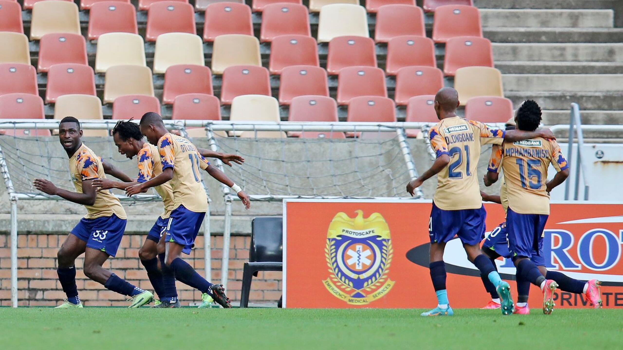 Junior Dion of Marumo Gallants celebrates after scoring the winning goal during their Nedbank Cup quarter-finals match against Baroka FC at the Peter Mokaba Stadium in Polokwane on Saturday