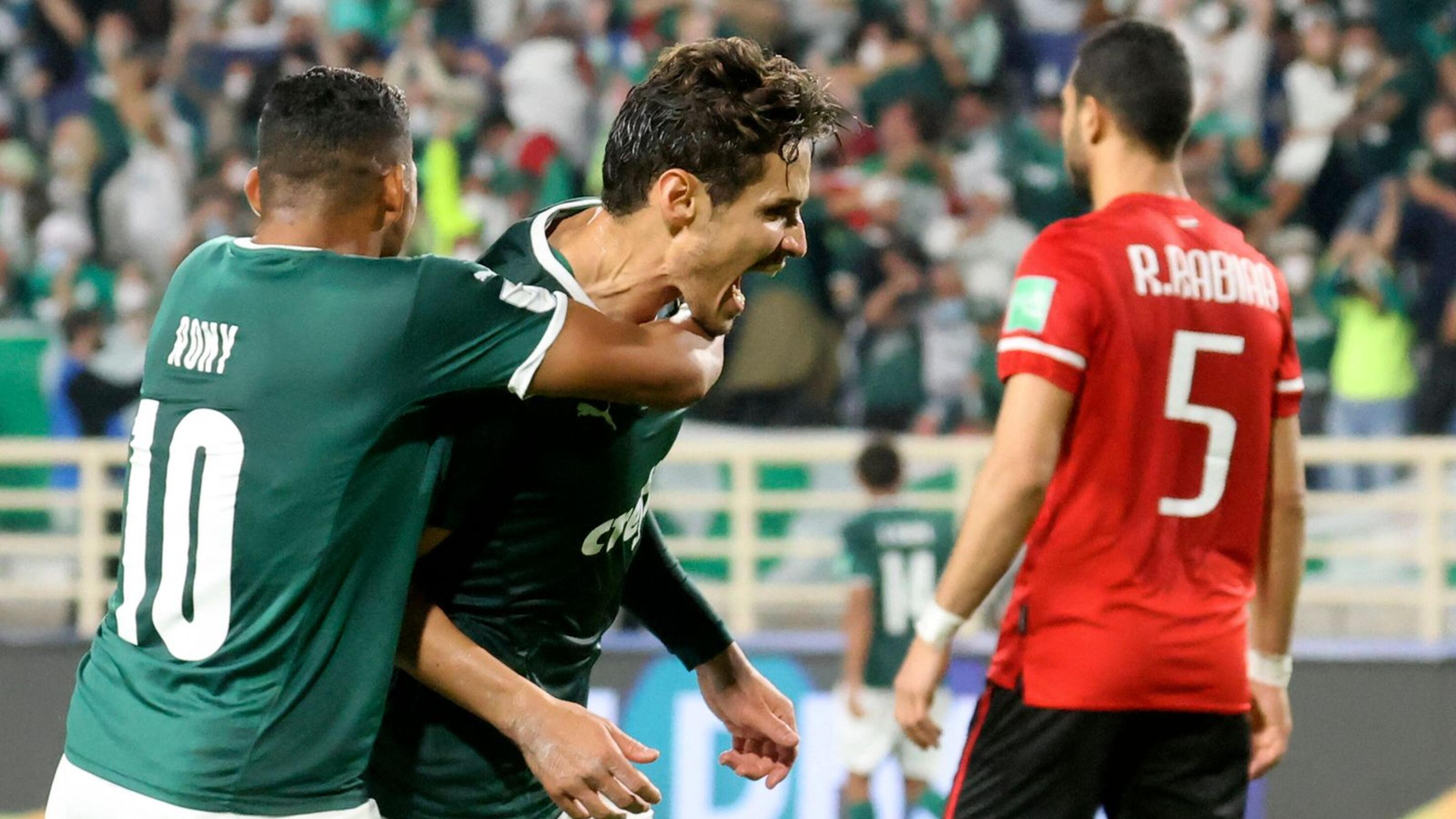 Palmeiras' forward Dudu celebrates after scoring their second goal during their Club World Cup clash against Egypt’s Al Ahly at al-Nahyan Stadium in Abu Dhabi on Tuesday